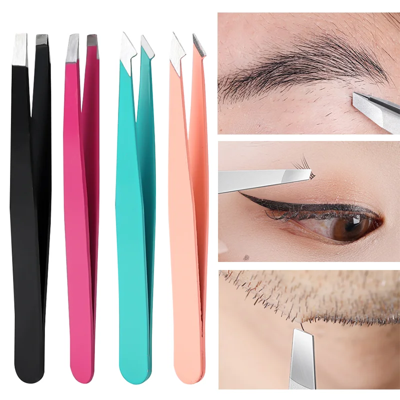 

1PCS Flat Slant Tip Head Eyebrow Tweezers Portable Hair Beard Trimming Tools Stainless Steel Eyelashes Makeup Clip Accessories