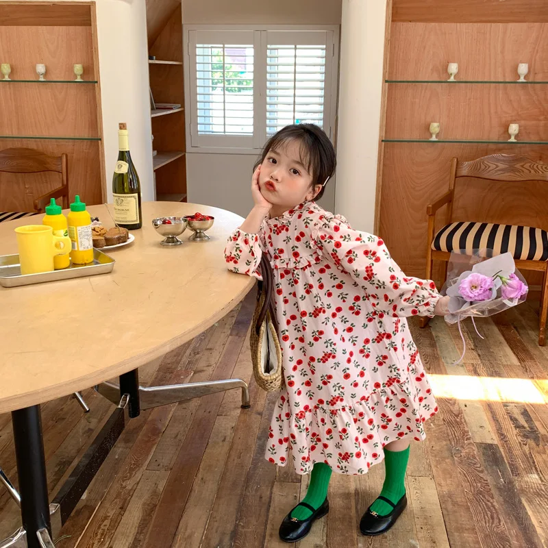 

2022 Autumn New Korean Children Clothes Baby Girs Long Sleeve Red Flower Dress