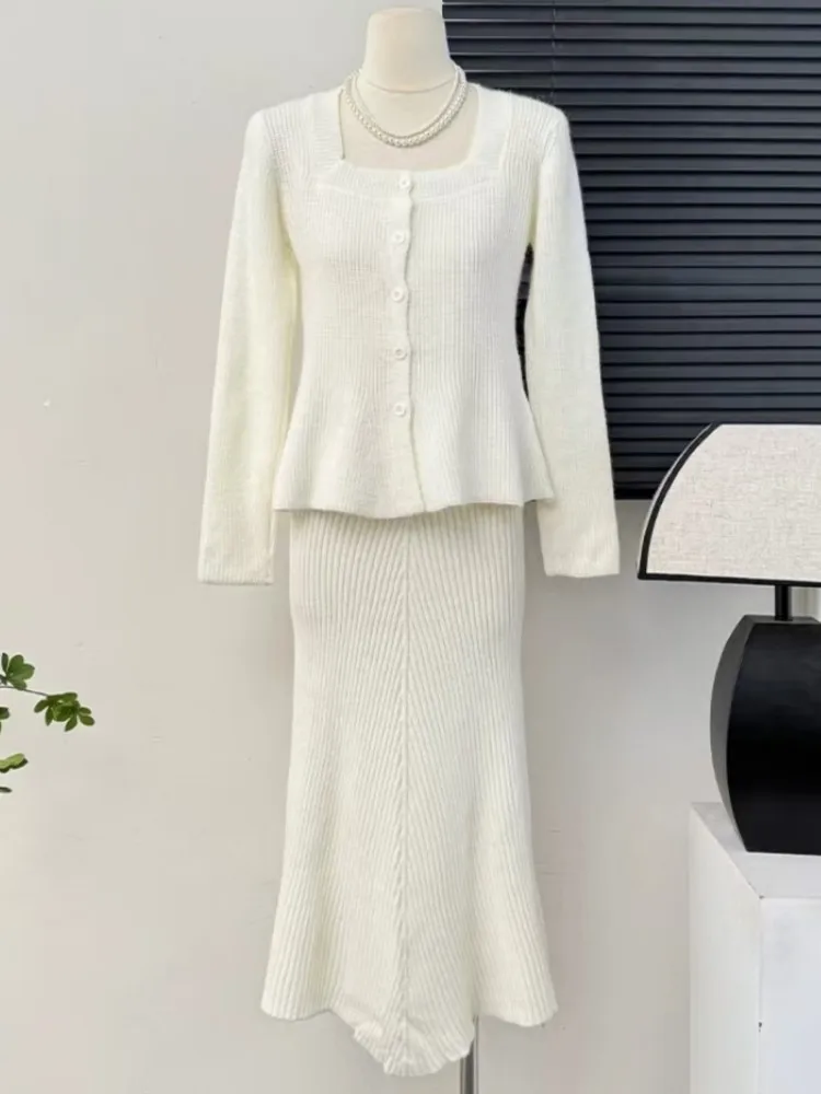 Модный элегантный вязаный костюм женский2024 осенне-зимний свитер с квадратным