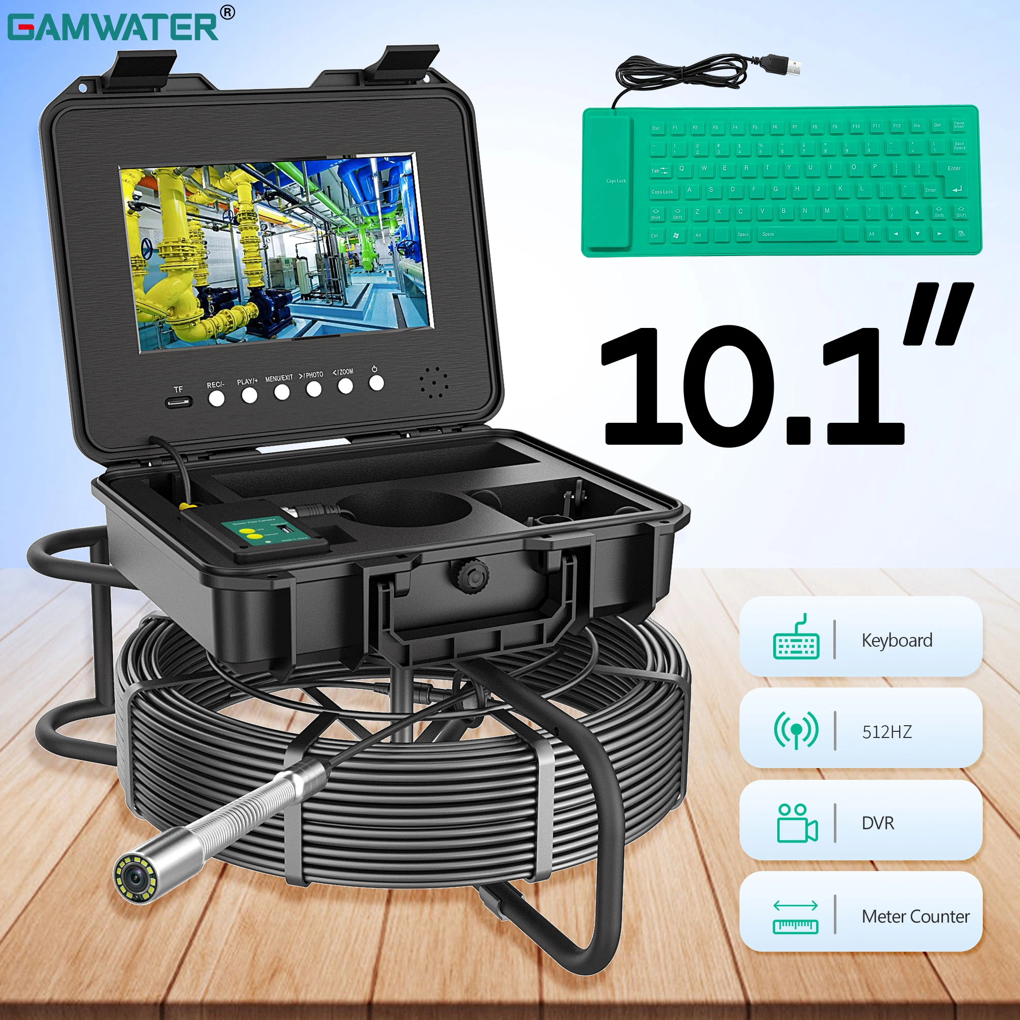

10.1" IPS 20M-100M Pipe Sewer Drain Inspection Camera with Meter Counter Keyboard Auto Self-Leveling 512hz Locator Borescope