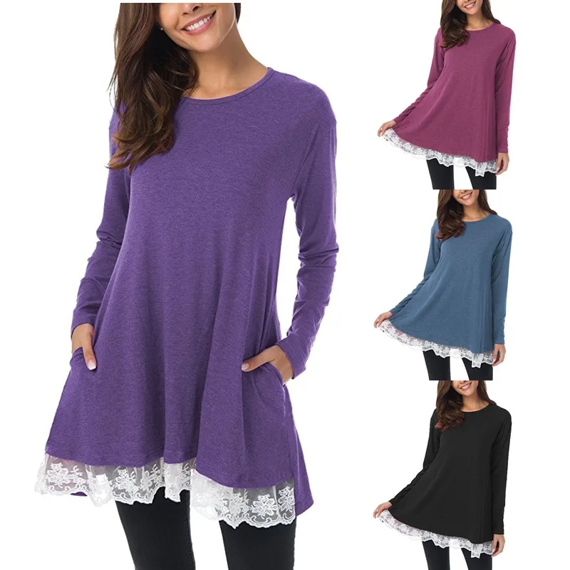 

New loose women's solid round neck pocket long sleeve dress