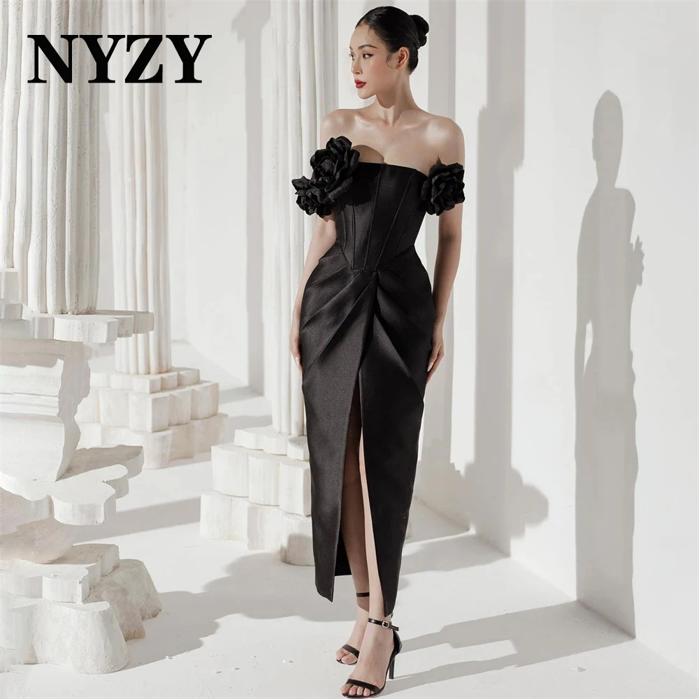 NYZY P166 Атласные 3D цветы с открытыми плечами и высоким разрезом Черные вечерние