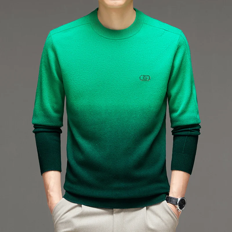 

round Autumn 2023 Korean neck gradual color contrast hanging dyed knitwear middle-aged 100% pure wool men