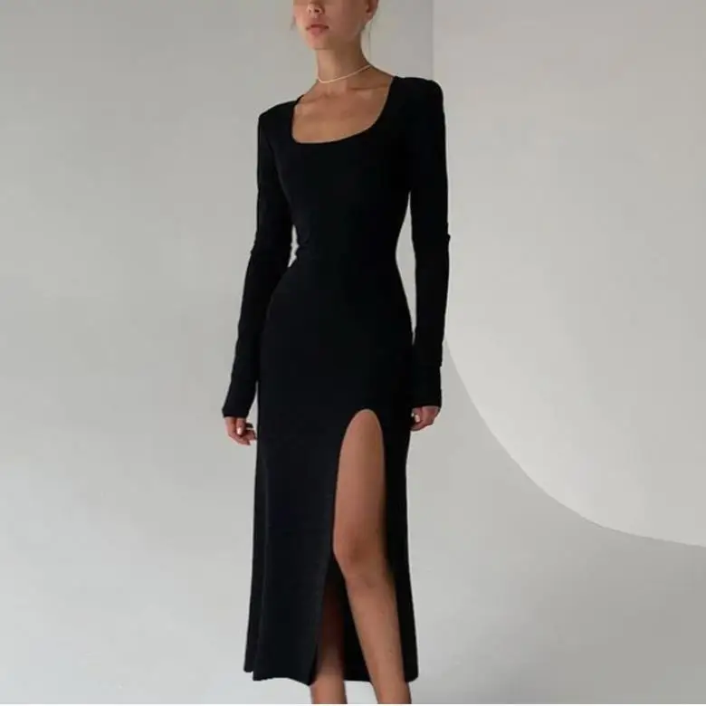 

Женское облегающее платье-туба, однотонное вечернее платье с U-образным вырезом и длинным рукавом, соблазнительное платье с Боковым Разрезо...