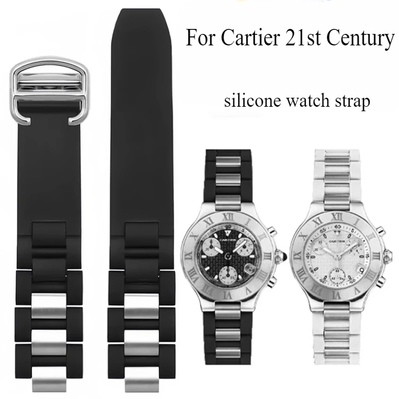 Фото Силиконовый ремешок для часов, черный, белый цвет для Cartier 21st Century Series W10125U2, резиновый браслет с пряжкой из нержавеющей стали с выпуклым интерфейсом №1