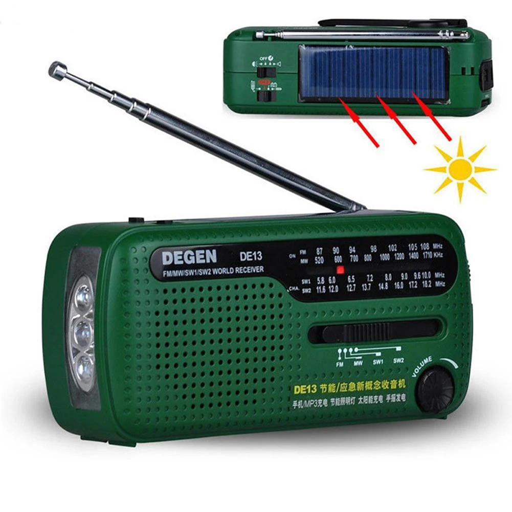 

DE13 Solar Power Hand Crank Radio Protable AM FM SW World Receiver Emergency LED Flashlight USB Charging Phone Power Bank
