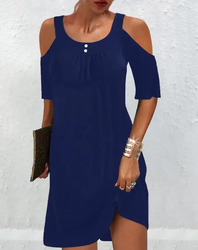 

Summer Dresses for Women 2022 Ruched Detail Cold Shoulder Casual Fashion V Neck Short Sleeve Plain Mini Daily Straight Dress