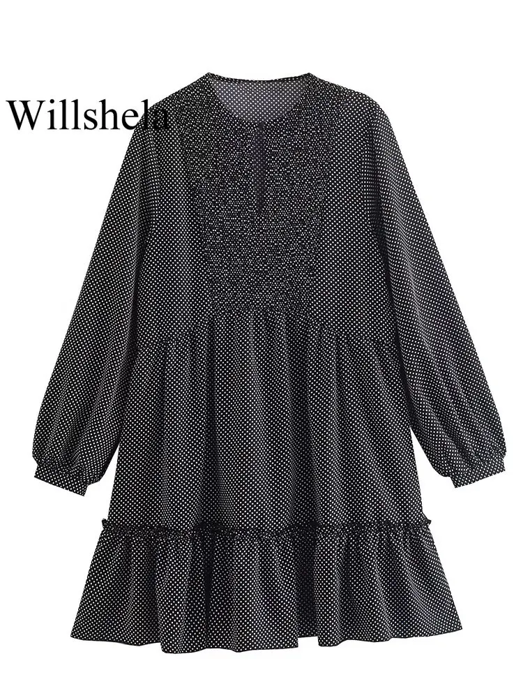 

Willshela женское модное мини-платье в горошек, винтажное платье с круглым вырезом и длинными рукавами, прозрачные женские платья