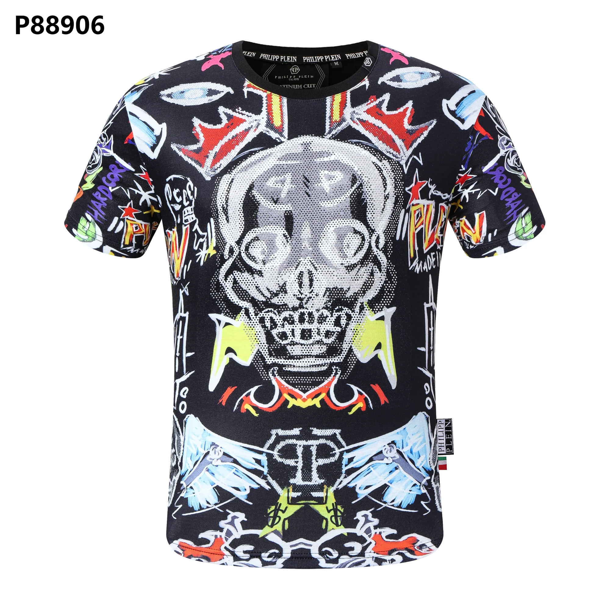 

High Quality Philip Plain Summer Men's T-Shirt Short Sleeve Domineering Personality Skull Print Business Casual Cotton FlowerTop