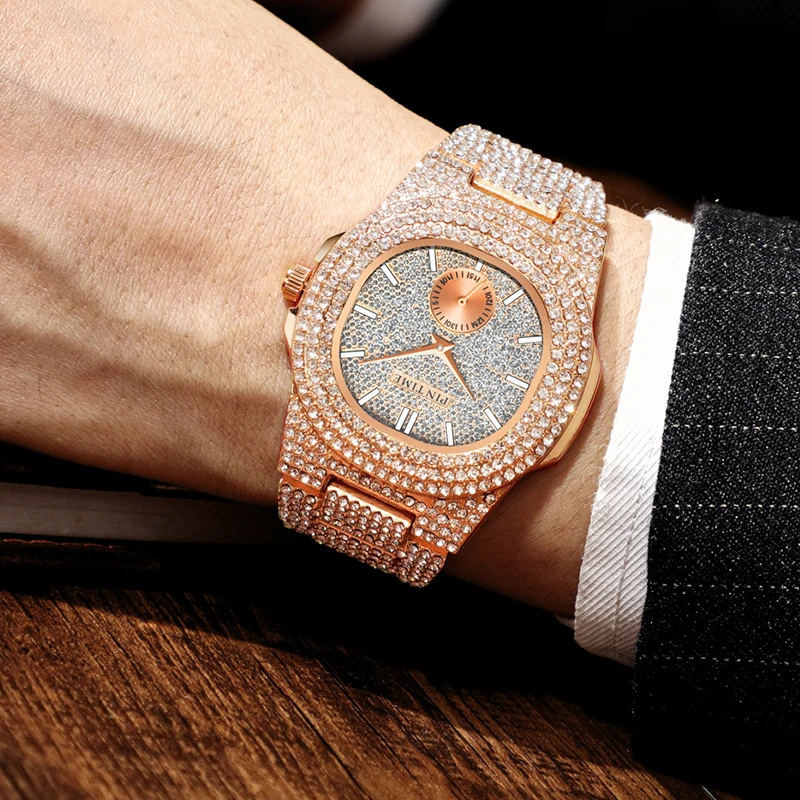 

PINTIME Men's Wrist Watch Clock Male zegarek meski mon Quartz Watch Men Luxury Full Diamond Hip Hop Rose Gold Sliver Watches