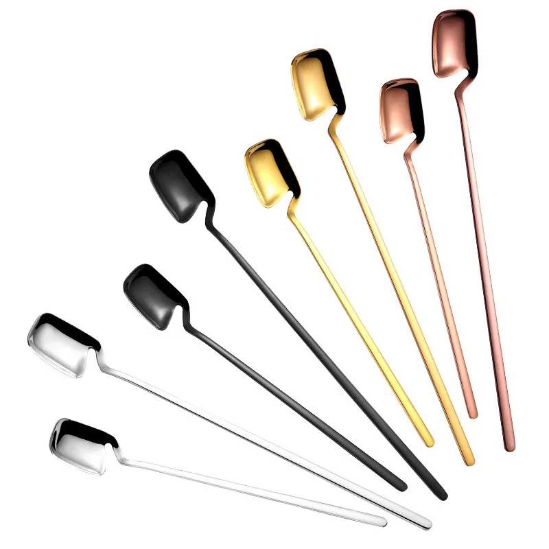

8pcs 304 Stainless Steel Spoon Square Head Ice Spoon Wall Hanging Mug Creative Long Handle Juice Coffee Spoon New Mixing Spoon
