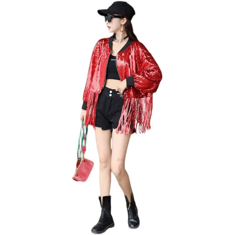 

Женская короткая куртка с блестками, элегантный Свободный Длинный топ с бахромой, весна 2023, OK1332