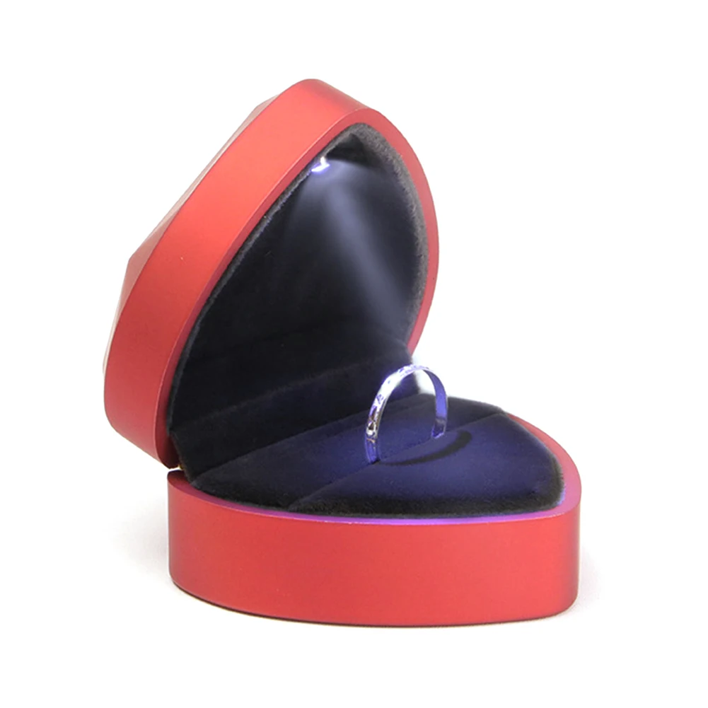 

Jewelry Velvet Marriage Organizer Heart Shape Storage Holder Ring Box Wedding Display Proposal LED Light