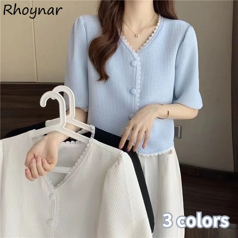

Shirts Women Lace Cropped V-neck Thin Summer Female Рубашки Mujer Chic Ulzzang Holiday College Casual Girlish Tender French Ins