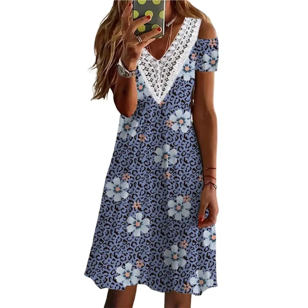 

Elegant Floral Print Dress Women Dress Super Soft Off Shoulder V-Neck Cotton Blend Women Summer Flower Print Party Dress robe