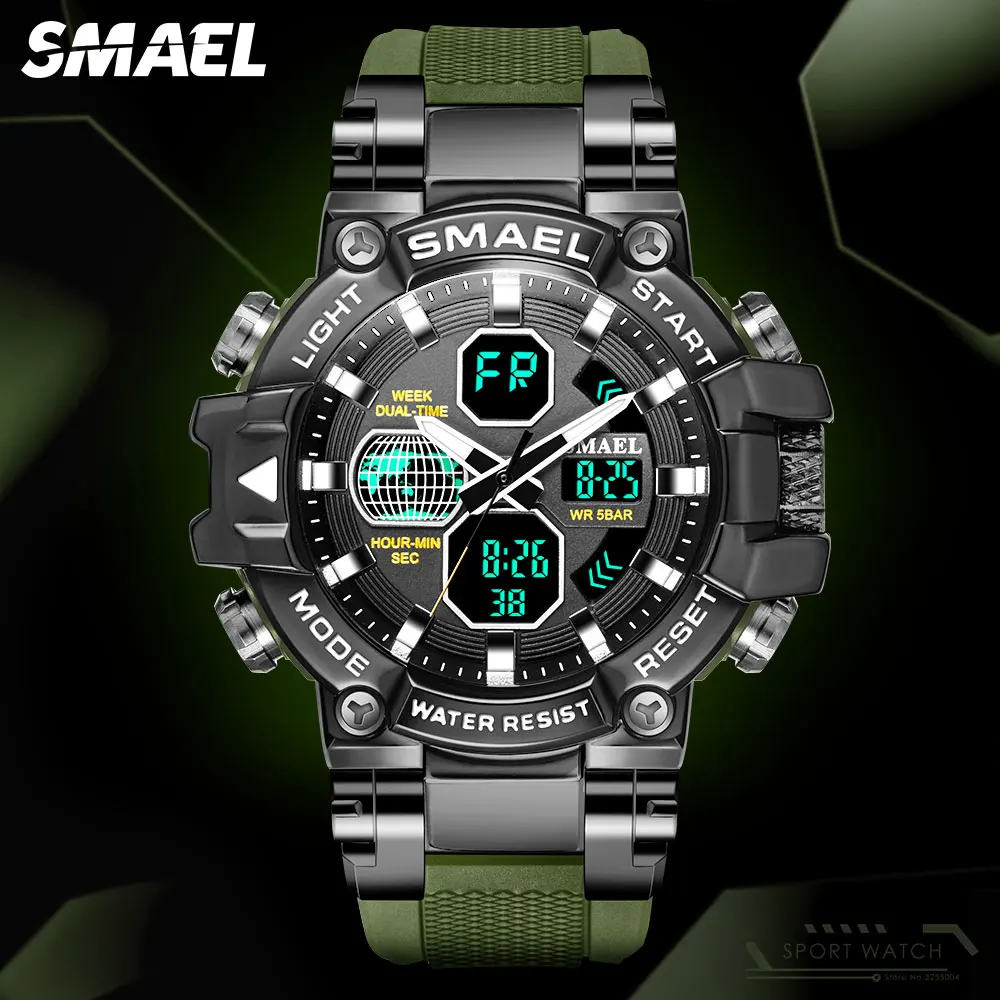 

SMAEL Military Sport Digital Watch Men Auto Date 50m Waterproof Wristwatch Olive Quartz Watches Man часы мужские relogio reloj