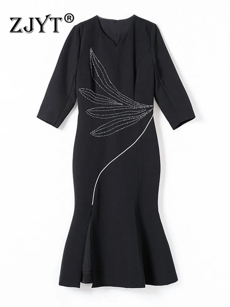 

ZJYT дизайнерское женское элегантное роскошное платье миди с бисером для вечерние знаменитости женская одежда весеннее офисное черное плать...