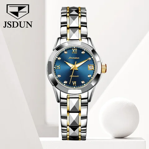 JSDUN элегантные механические часы для женщин роскошный бренд синтетический сапфир вольфрамовый стальной ремешок часы с автоматической датой 8813
