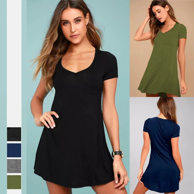 

Women's Skirt 2022 Summer New Loose Casual Short Sleeved Dress V-neck Thin Solid Color Short Skirt Women's Dress