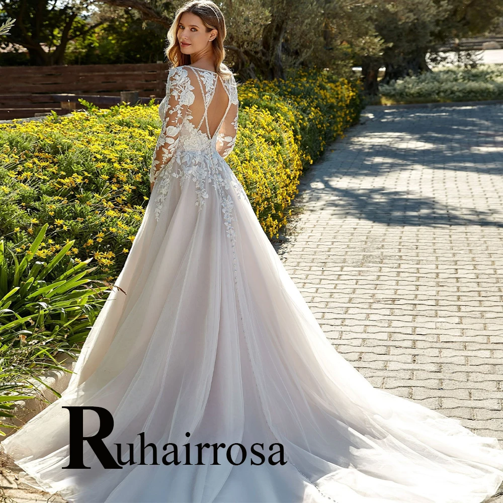 

Ruhair Princess V-Neck Wedding Dresses 2024 Bride Appliques Beadings Long Sleeves A-Line Backless Made To Order Robe De Mariée