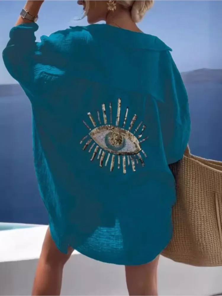 Летняя повседневная рубашка с блестками и длинными рукавами женская модная в