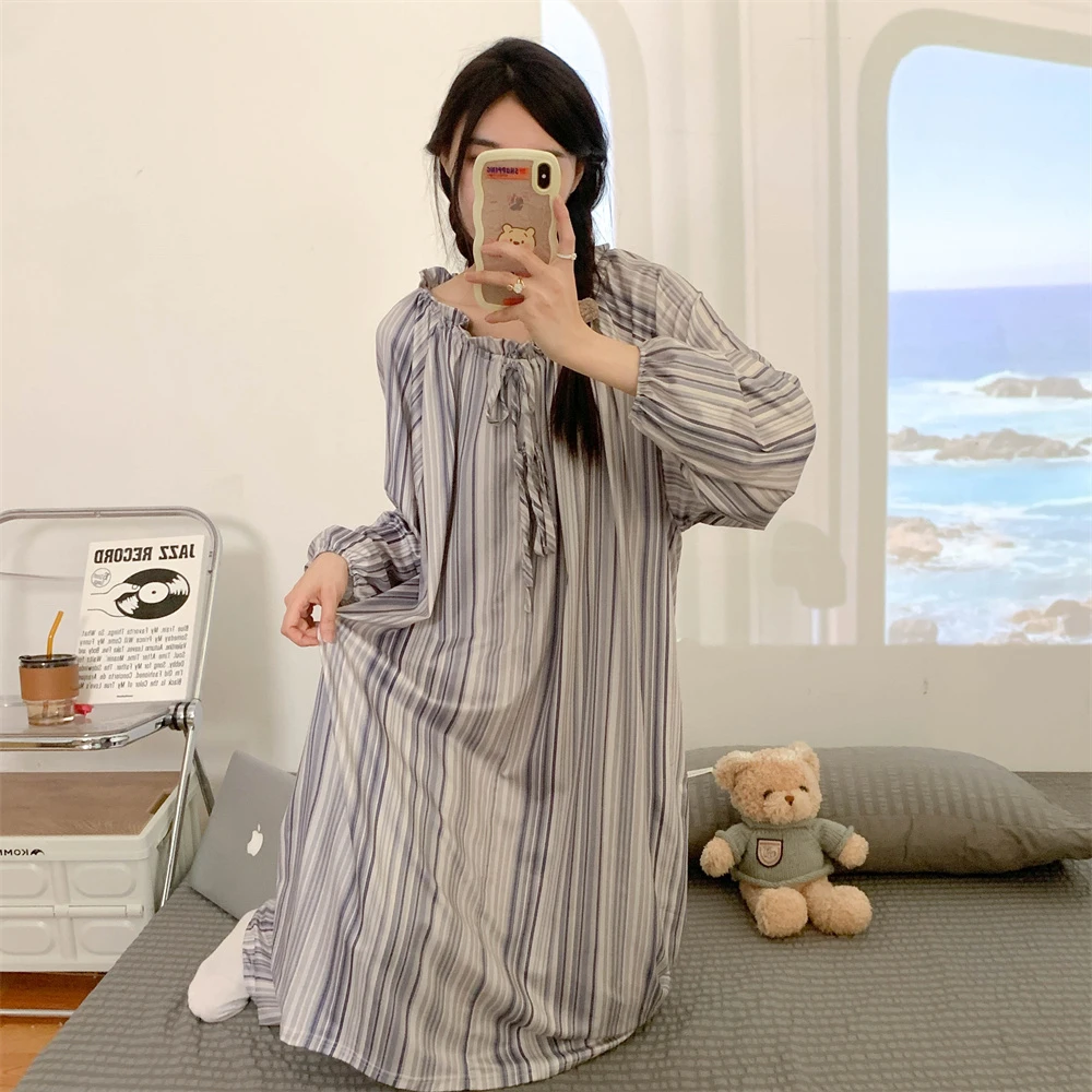 CAIYIER Soft Korean Stripe Women Pajamas Set Autumn Winter Longer Coat + Long Pants Nightwear Two Piece Set Pyjamas Loungewear