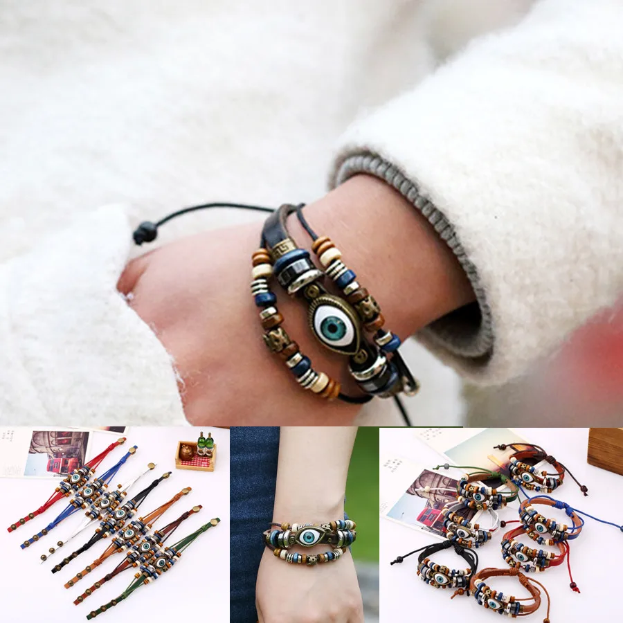 

Bracelet Beaded cowhide Multi Strand adjustable Wax Rope Bracelet eye couple Leather Bracelet Fashion Jewelry party gift