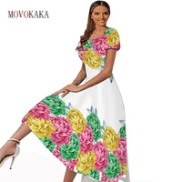 movokaka summer elegant woman long dress party casual beach short sleeve square collar flowers printing vestidos vintage dresses