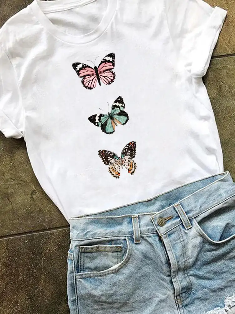 

Cartoon Butterfly Lovely Women Clothing Print T Shirt Fashion Graphic T-shirt Short Sleeve Clothes Summer Kawaii Basic Tee Top