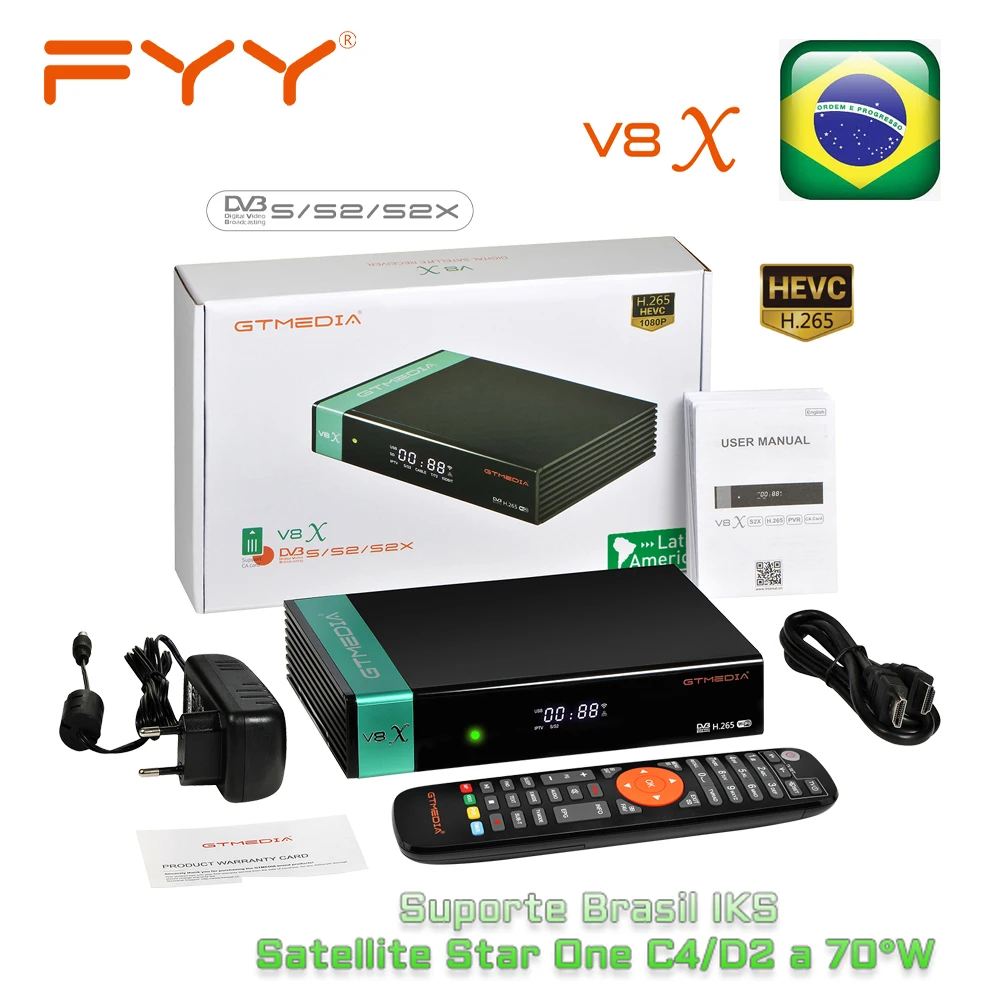 

GTmedia LA Brazil iks Satellite TV Receiver V8X H.265 DVB-S2/S2X 1080P FHD CCAM Set Top Box for Brazil Star One C4/D2 at 70°W