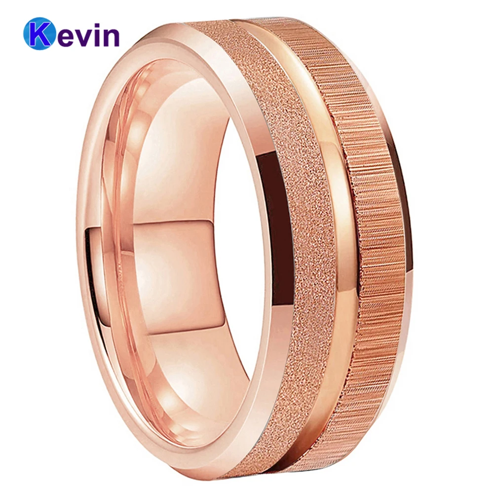 

8mm Unique Men Women Ring Rose Gold Tungsten Wedding Band Fashion Jewelry Beveled Grooved Sandblasted Finish Comfort Fit