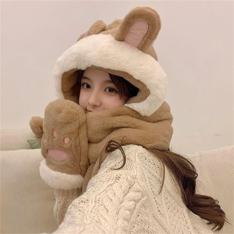 

Милая мультяшная шапка с ушками кролика, перчатки, шарф, женский костюм, плюшевые шапочки для подростков
