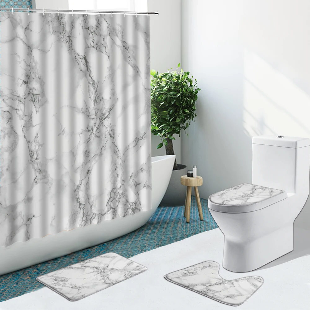 

Art Marble Stripe Geometry Printing Bathroom Set Shower Curtain Non-Slip Rugs Flannel Carpet Toilet Cover With Hooks Bath Mat