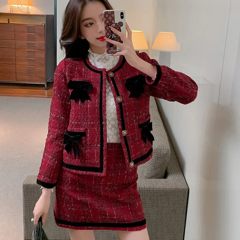

Runway Women's Red Plaid Small Fragrance Tweed Outerwear Jacket Coat + High Quality Mini Chic Skirt Two Pieces Set Suit
