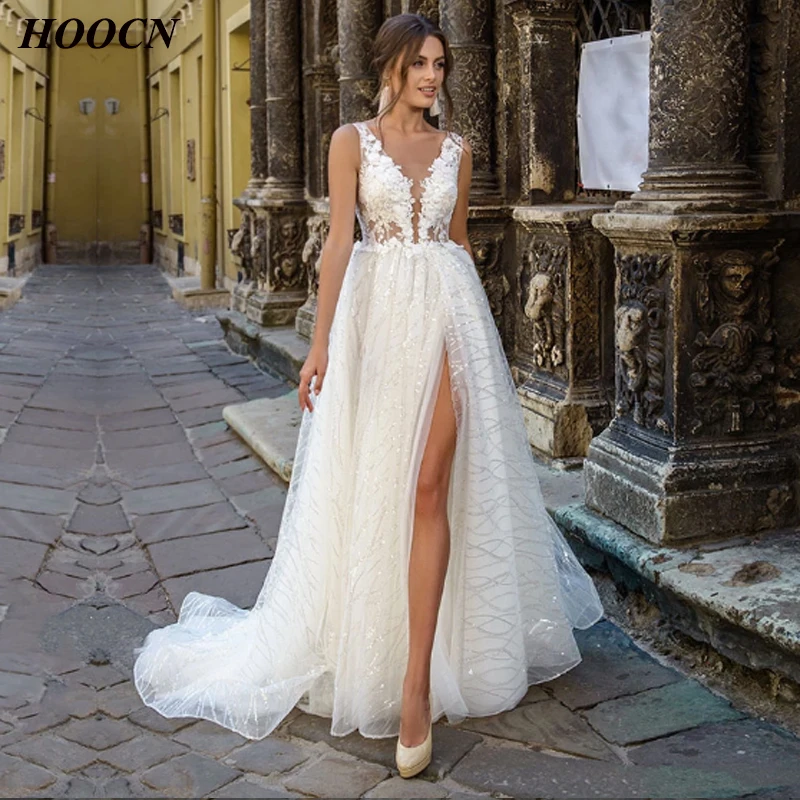 

HERBURNL V-neck Sexy Split Romantic Up To Date Wedding Dress 2022 Fashion Applique Seaside Vintage Trailing Skirt