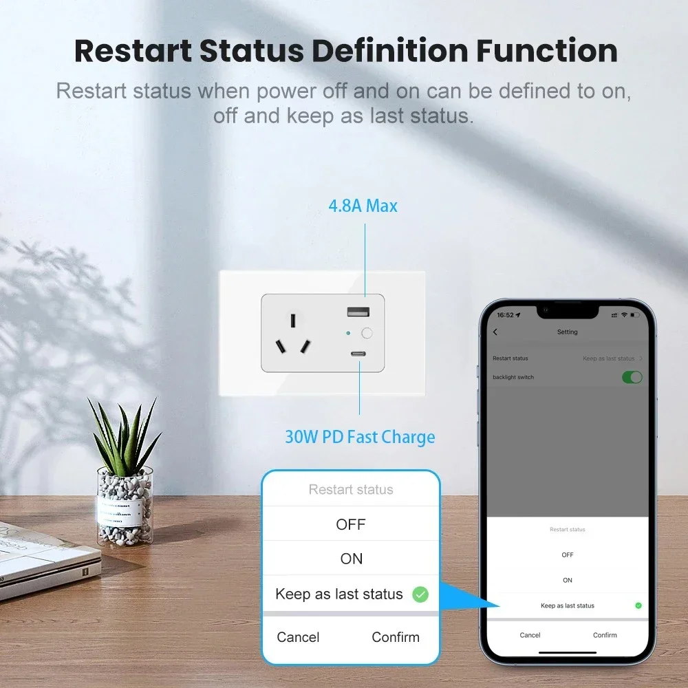 Настенная розетка Melery Austrial 10A Smart Tuya Wi-Fi USB Type C PD 30 Вт AU Розетка Стеклянная панель