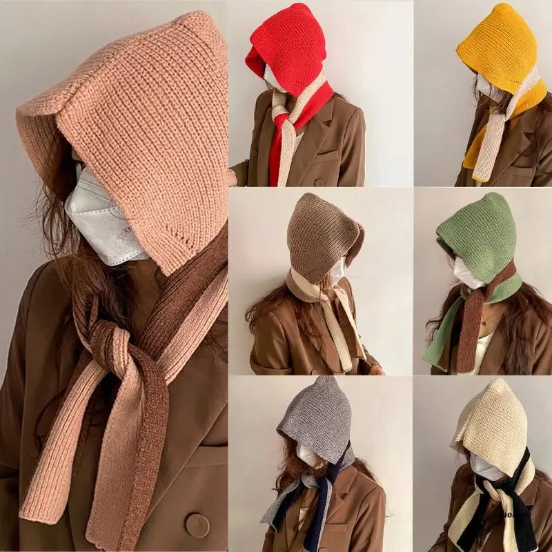 

Зимний мягкий пуловер, вязаный шарф с капюшоном, облегающая шапка, худи, шарф, модная теплая повязка на голову для женщин и девочек