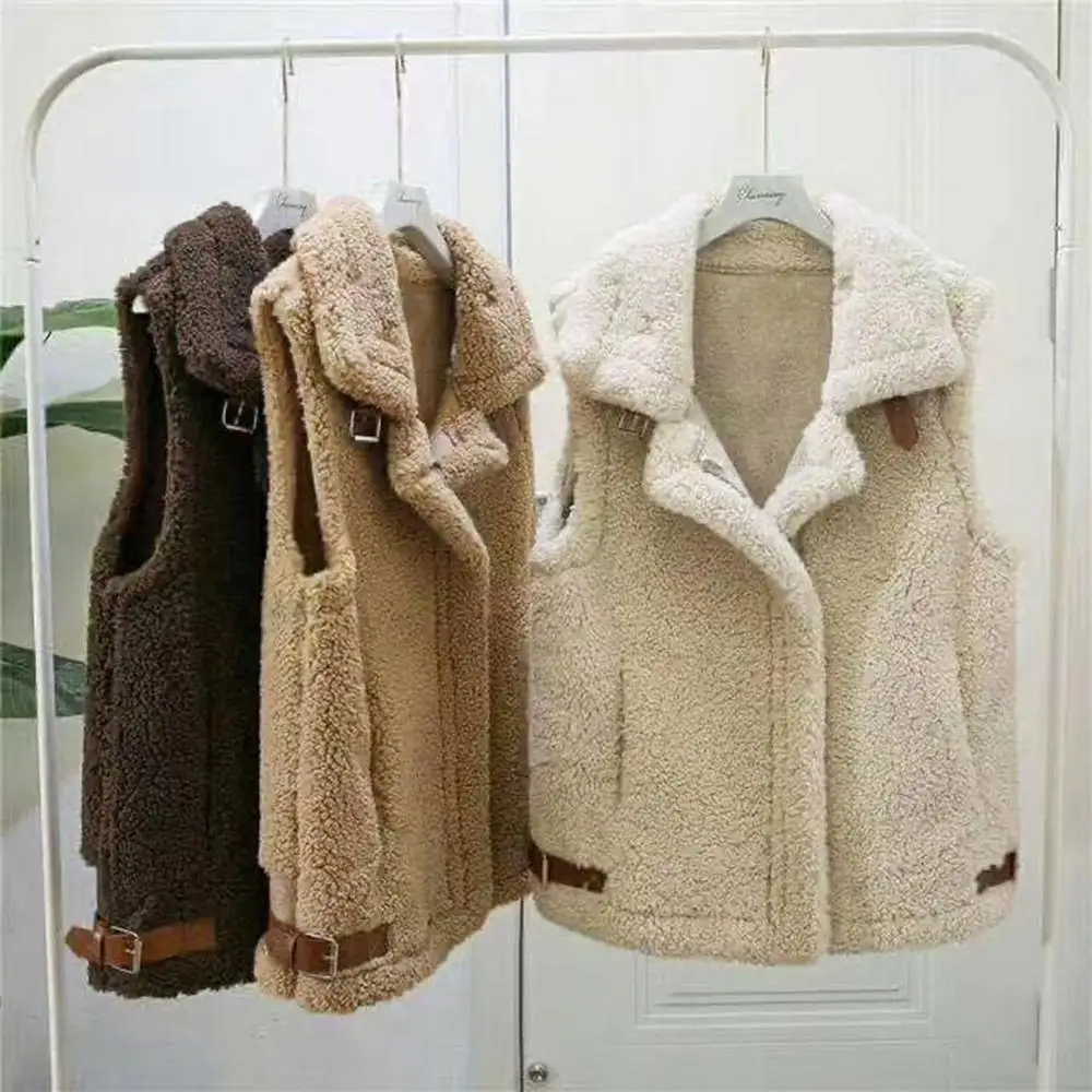 

2022 Winter Autumn Thick Lmitation Lamb Wool Vest Jackets Women Oversized Solid Warm Loose Zip Pockets Outwear Coat Gilet Femme
