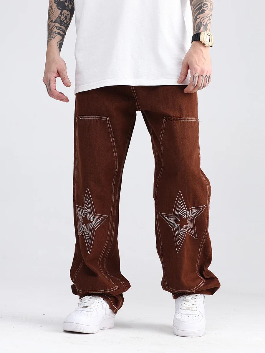 Brown Mid Waist Loose Embroidered Jeans Men's Latest Design Star Hip Hop Jeans Straight Loose Boyfriend Pants Y2K INS Hot Sale