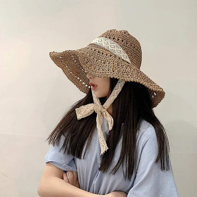 

2022 Summer Straw Hat Beach Big Brim Japanese Sunscreen Sun Cap Holiday Woven Lace Lace-up Women's Hats