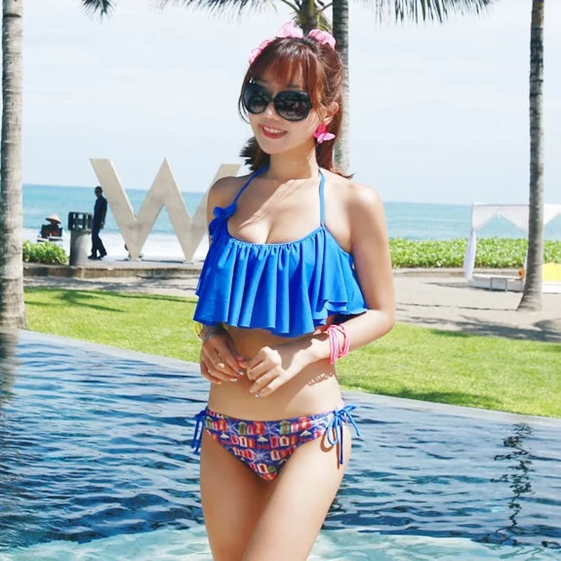 

Printed Ruffled Hem Bikini Set Women Backless High-waisted Two Piece Swimsuit 2022 Girl Beach Bathing Suit Swimwear Bikinis Y25