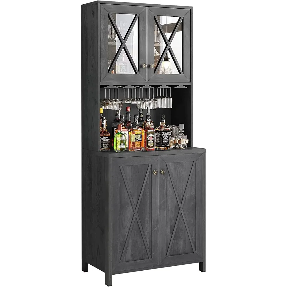 

Farmhouse Bar Cabinet for Liquor and Glasses Dining Room Kitchen Cabinet with Wine Rack Upper Glass Cabinet Open Storage Shelves