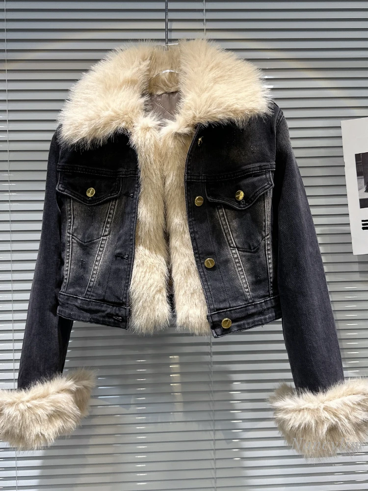 

2023 Autumn New Short Fur Denim Jacket Women Street Environmental Protection Furry Wash Inside Quilted Denim Jacket Short Coats