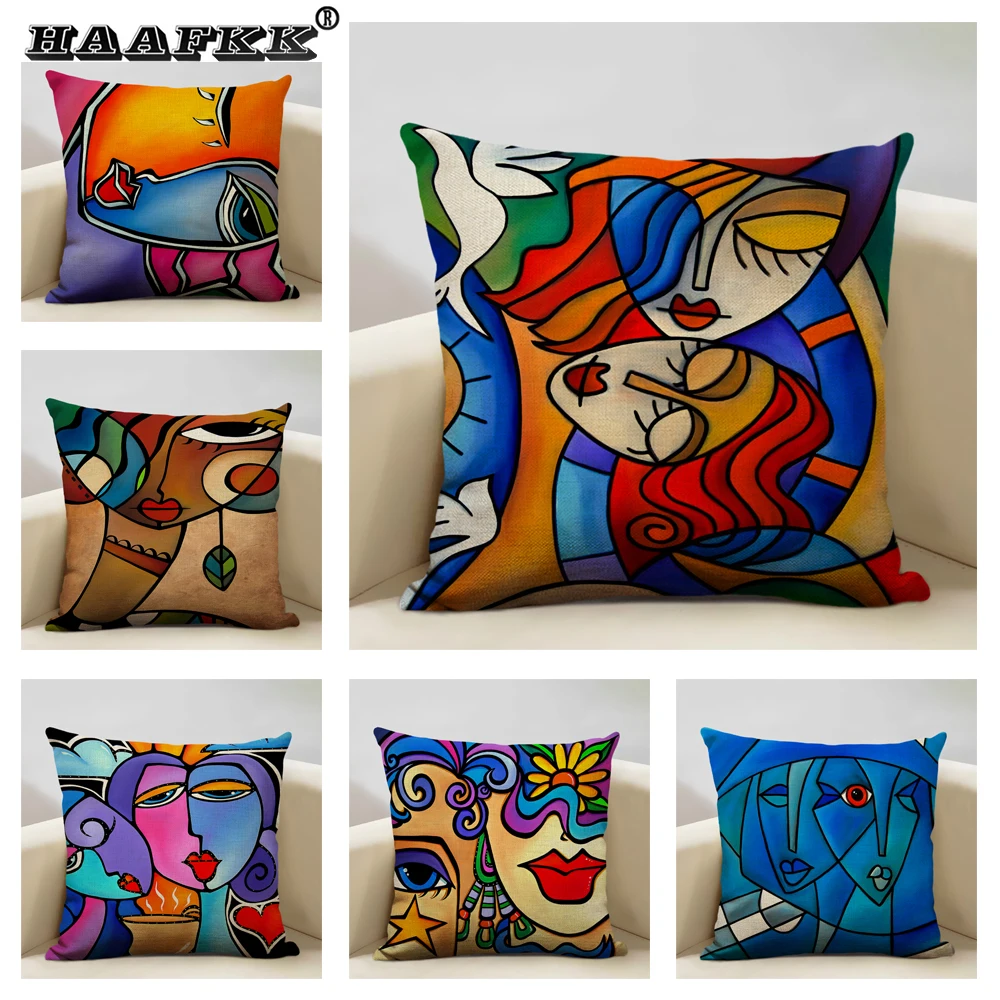 

Home Sofa Decor Pillow Case Abstract Painting Cushion Cover Decorative Nordic Style Colorful Cartoon Girl Pillowcase 45X45CM