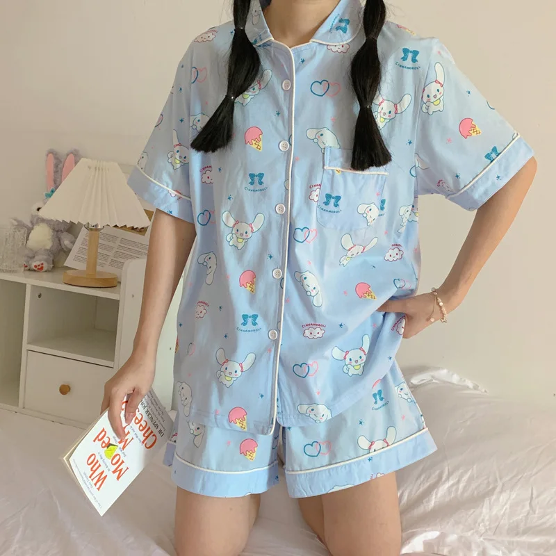 

Kawaii Cinnamoroll Kuromi Mymelody Sanrios Anime Plush Short Sleeved Sweet Pajamas Women's Fashion Home Service Two-Piece Suit