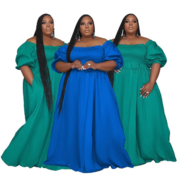 Casual Plus Size Women Dresses Summer Fashion Large Size Square Neck Solid Color Flared Dresses Elegant Lady Ruffle Long Dress