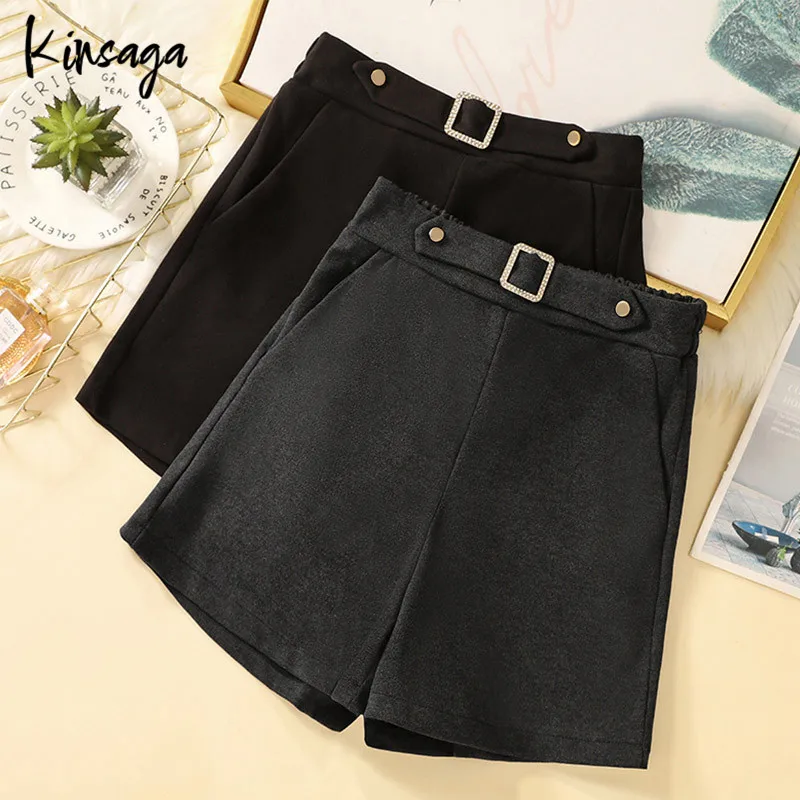 

Studded Rhinestone Waist Wool Shorts Women Original Design Diamond Elastic Waist Gray Woolen Short High Street Wide Leg Pants