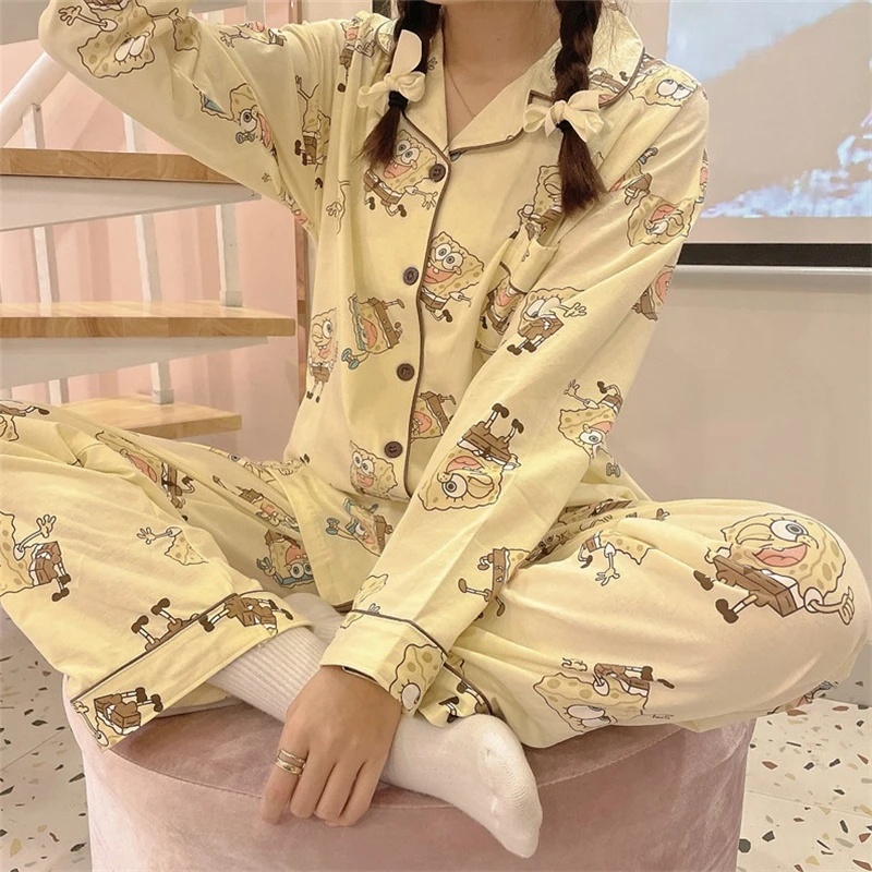

Cute Spongebob Pajamas Ins Women Long Sleeves Can Be Worn Outside Loose Home Clothes Autumn Winter 2-Piece Cartoon Pajamas