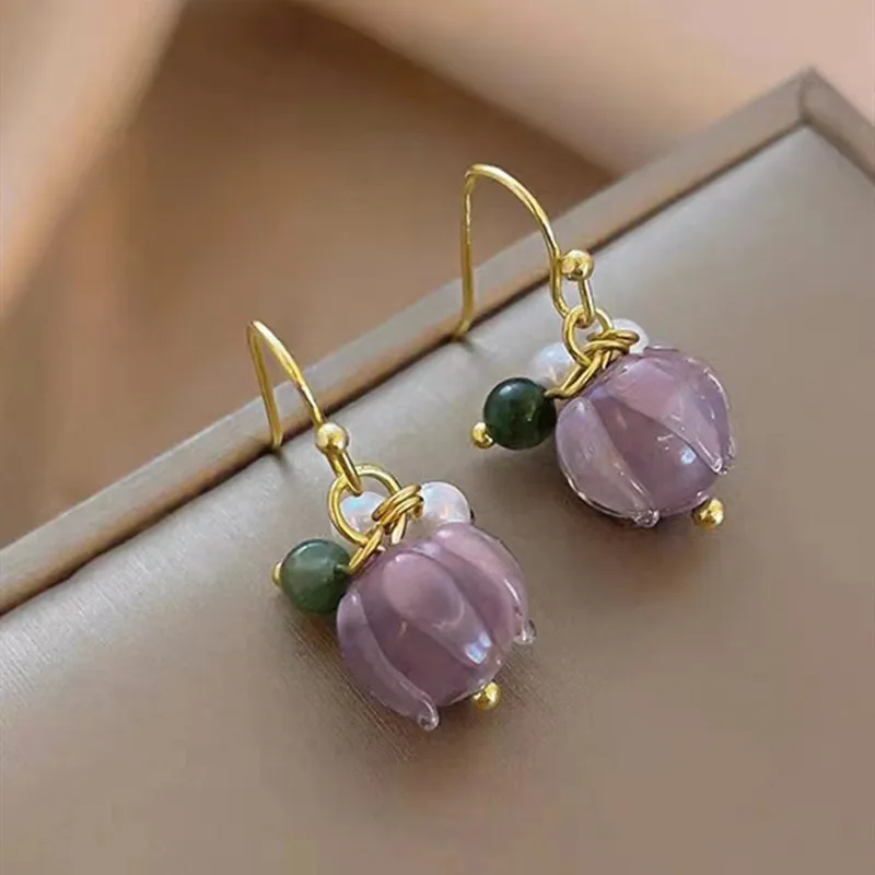 

Delicate Amethyst Glass Flower Women's Earhook 2023 New Pastoral Style Holiday Party Jewelry Earrings Girlfriend Gift