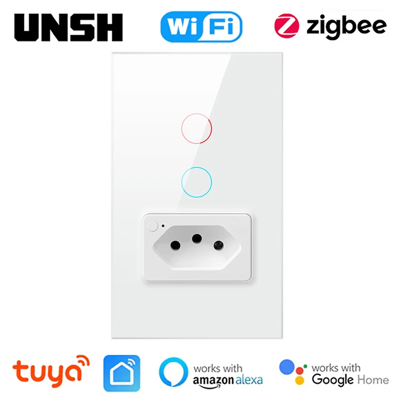 

Tuya Smart Brazil WiFi ZigBee Switch With 16A Smart Socket Glass Panel 1 2 gang Smart Light Switch Work With Alexa Google home